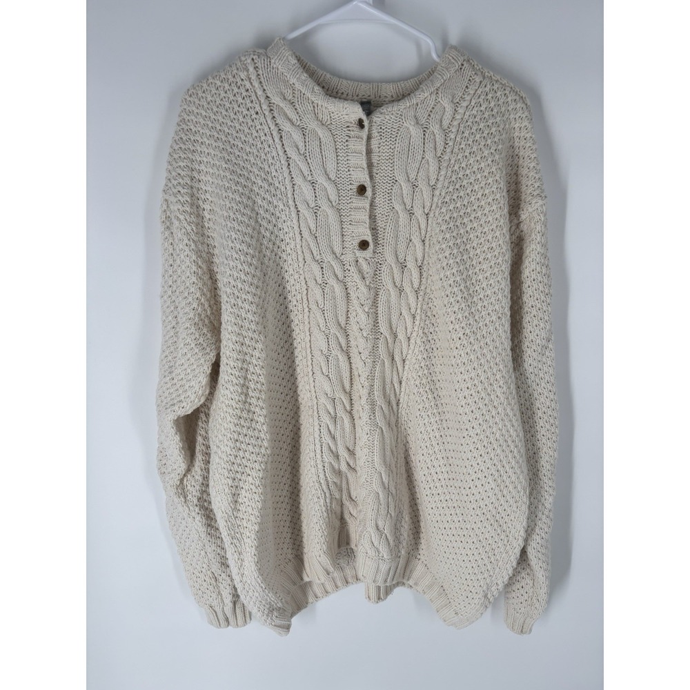 VTG Hanna Andersson Cable Knit Henley Cotton Wool Fisherman Sweater XL Chunky